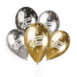 BALLON - Joyeux anniversaire argent/noir/or/doré chrome x 5 (en latex 33cm)